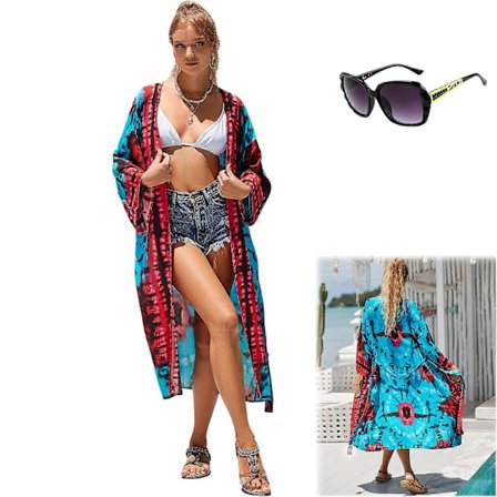 Strand kimono med batikmønster Luftig bikini cover-up lang cardigan let sommer