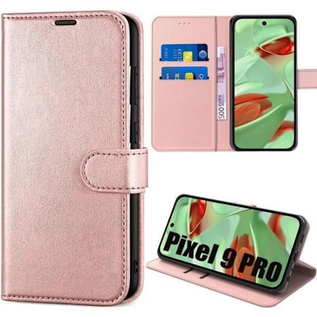 Etui til Google Pixel 9 Pro - Pink Flip-etui i lædereffekt med stativ og kortholder