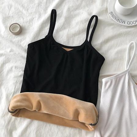 Alsidig varm tyk fleeceforet efterårs- og vintertanktop til kvinder - Termisk undertøj - Basislag - Smukt inderlag Black fleece-lined sling L
