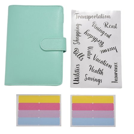 Budget Binder, A6 PU Læder Notesbog Planner Organizer Genopfyldelig 6 Cover Klistermærker Grøn