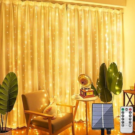 Solenergi Lyslenke Gardin LED 3x3m - 300 LED, IP44 Vanntett, 8 Lysinnstillinger, Varmhvit_TF_TF