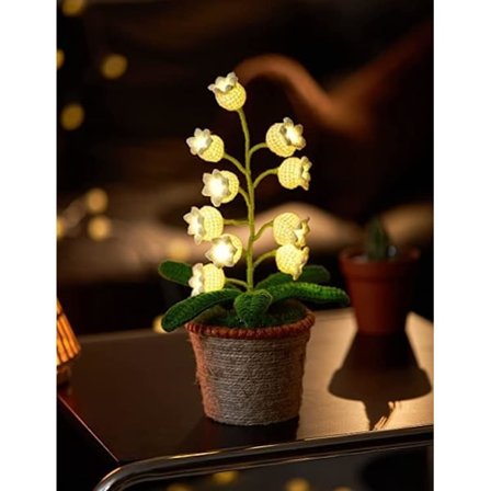 Liljekonvall Lampe, 10 stk. Heklede Kunstige Blomster med Nattlys Falske Liljekonvaller Inkludert Potter (Varm Lampe)