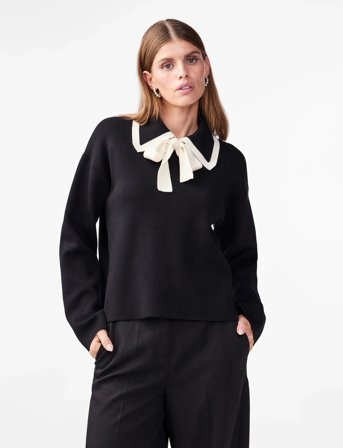 YAS Yasjosie Ls Bow Knit Top - Black - M