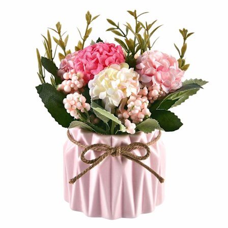 Keinotekoinen hortensia kukkaruukussa, tekokukka, silkkikukka, bonsaipuu pöydälle, juhliin, toimistoon, häihin, kodin sisustukseen, pinkki