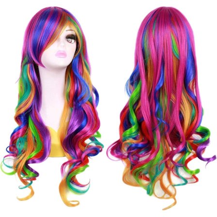 70cm Kvinners Bølget Parykk Flerfarget + Parykkhette