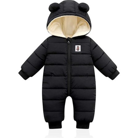 Baby vinteroverall med huva, snöoverall för pojkar och flickor, långärmad overall, varma kläder, present (svart, 90 cm)
