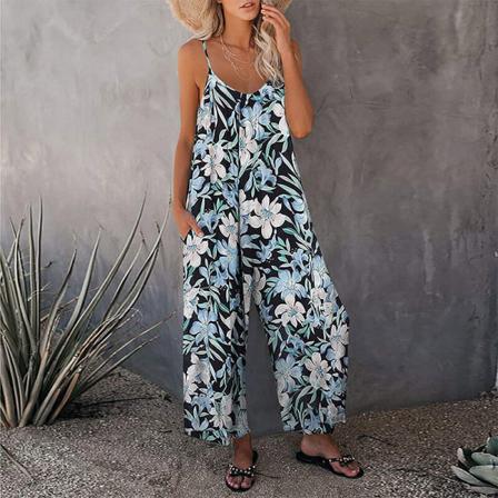 Damer Med Blommönster Jumpsuits Print Långa Byxor