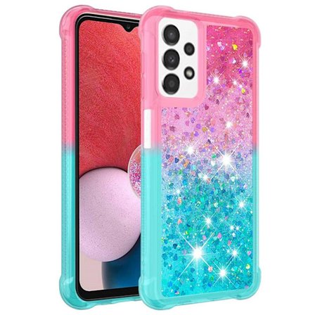 SKALO Samsung A13 4G Kvicksand Glitter Hjerter TPU Cover - Pink-Turkis