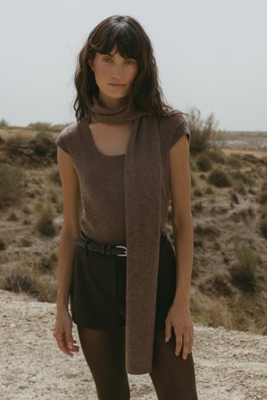 Premium Selection Haut en maille de laine à détail écharpe - - Marron - L