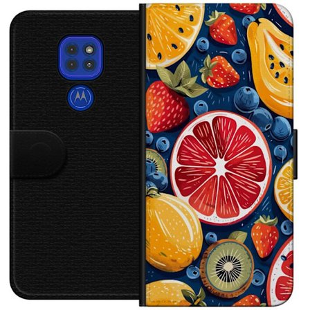 Yhteensopiva Lompakkokotelo Motorola Moto G9 Play Yksityiskohtainen hedelmäkuviointi sitrushedelmistä, kiivistä, mansikoista ja mustikoita tummalla
