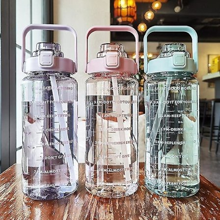 2L Bærbar Vandflaske med Stor Kapacitet Fitness Vandkande Med Tidsmarkering Blå