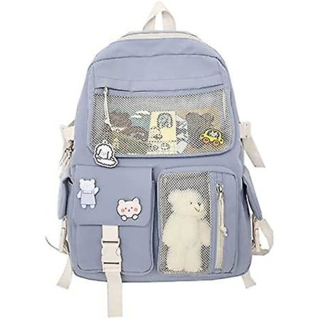 Kawaii-reppu söpöillä pinssitarvikkeilla ja pehmoriipuksella, Kawaii-koulureppu, söpö esteettinen reppu