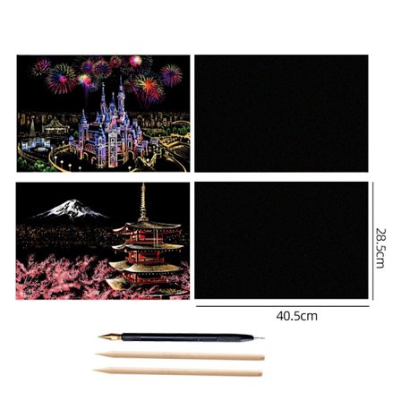 4 st Scratch Art Paper Set - Världslandmärken och djur, Glow in Dark, Stress Relief Craft för barn och vuxna