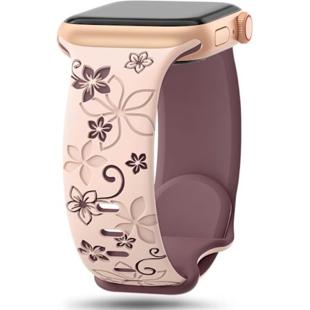 Blommigt Graverade Armband Kompatibla med Apple Watch Armband 41mm 40mm 38mm för Kvinnor, Mjukt Silikon Sportarmband - Rosa Sand/Rök Violett