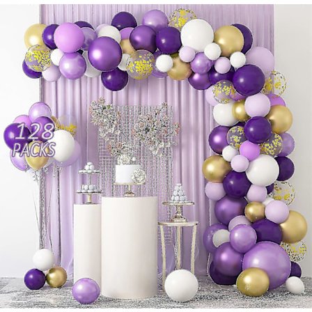 128 st Lila Ballongbåge Kit, Lila och Guld Ballonggirlang Kit, Metallisk Lila Vita Ballonger Båge Kit, Latexballonger för Bröllop Födelsedag Par
