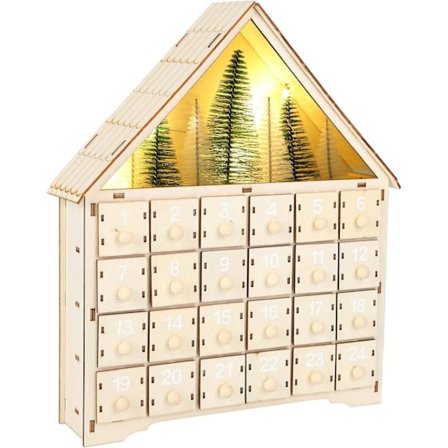 Træjulekalender med 24 skuffer, LED-belysning, juledekoration
