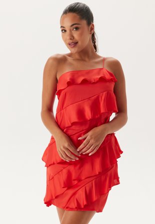 Bubbleroom Occasion - One shoulder Short Frill Dress - Red - Kläder