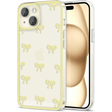iPhone 15 Deksel, Klar Søt Sløyfe Knute Mønster Estetisk Transparent Telefondeksel Hevet Kamerabeskyttelse Stilig Slank-Gul
