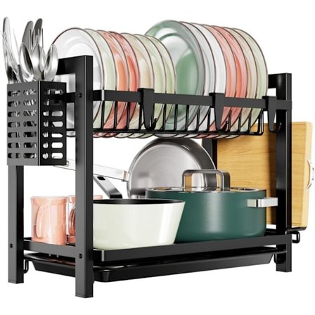Svart 2-vånings diskställ för kök (43,5 24,5 34,5) Rostfritt stål med bestickhållare och droppbricka
