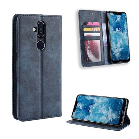 Nokia 8.1 vintage tyylinen nahkainen flip suojakotelo - Sininen