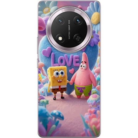 Kompatibelt Mobildeksel til Honor Honor Magic7 Lite Svampbob og Patrik kjærlighet pastell design med fargerike hjerter, blomster og positiv energi