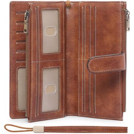 Damplånbok med stor kapacitet, kreditkortshållare, RFID-plånbok för kvinnor, dubbel dragkedjeficka, läder, bifold, damarmband, clutch-plånbok