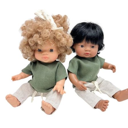 Zestaw lniany, zielona bluzka i spodnie w paski dla lalki Miniland 38cm i Paola Reina