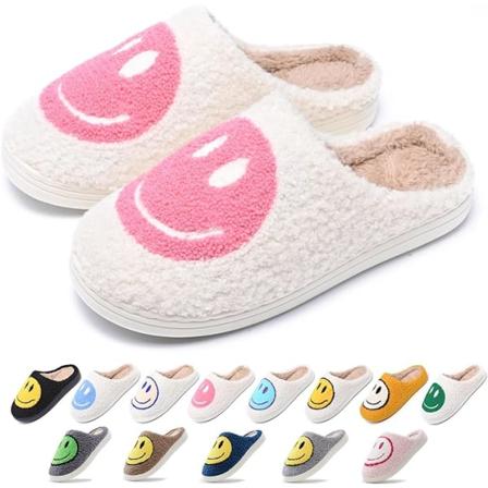 Søde Smil Tøfler til Kvinder Mænd, Bløde Plys Bløde Varme Par Slip-On Hjemme Happy Face Tøfler Preppy Tøfler Anti-slip Fuzzy Flat Slides(Størrelse: 5-