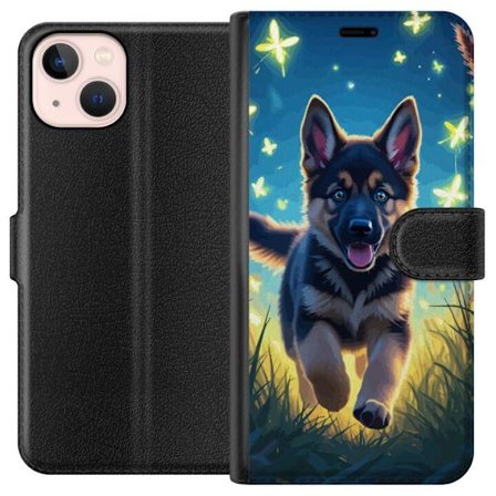 Kompatibelt Plånboksfodral till Apple Apple iPhone 13 Tysk schäfer valp affisch valp hund hoppar äng fjärilar söt hund illustration blå nattkons