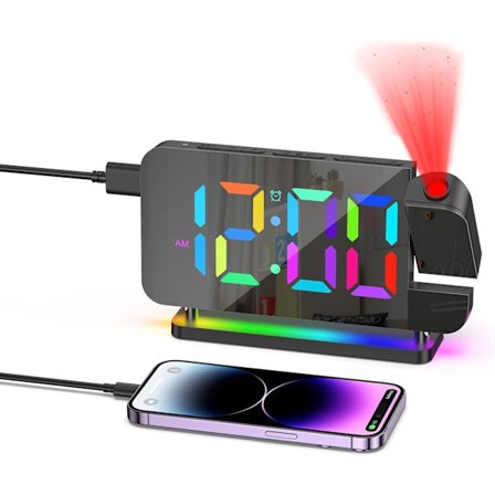 Projektionsvækkeur, 7 tommer RGB digitalt vækkeur med 10 farver natlys, digitale ure Projektion på loftvæg 180° roterbar, 6-trins B