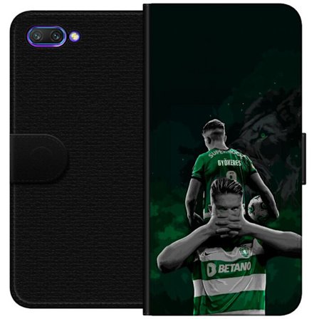 Yhteensopiva Lompakkokotelo Honor 10 Neonmotiivi, jossa teksti "Gaming is in my DNA" sinisenä ja punaisena tiiliseinällä, jossa loistava DNA-spiraali.