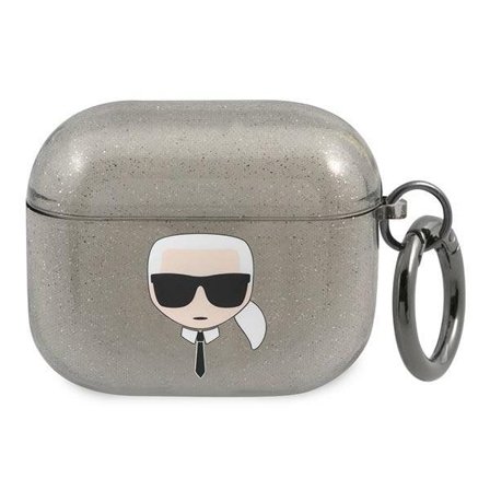 Karl Lagerfeld Glitter Karl's Head -kotelo AirPods 3:lle - musta