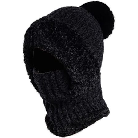Neulehattu pomponilla, 55cm-60cm 3-in-1 talvipipo huivi ympyrä ja neulottu naamio siamilainen tuulenpitävä naisille, musta