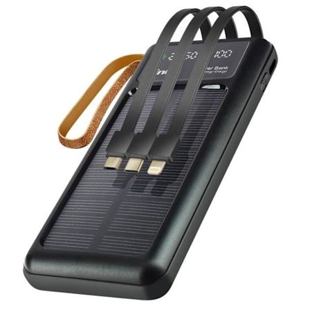 15000mAh Solar Power Bank med Micro USB Lightning USB C-kabel LinQ Sort