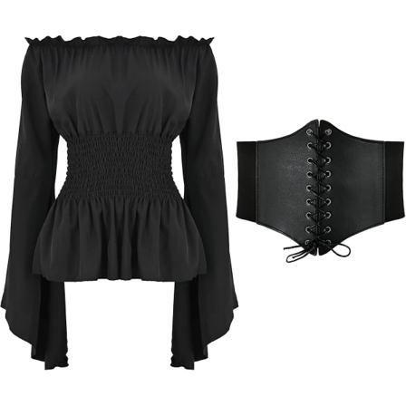Renaissance bluse for kvinner Korsett midjebelte Middelaldersk viktoriansk off-skulder langermet skjorte Pirate Cosplay kostymer Black Medium