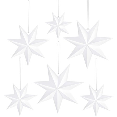 6 stycken vita hängande julstjärnor i papper med 7 spetsar