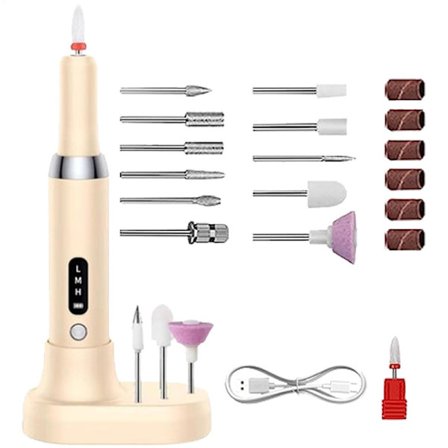 Lollanda Multifunktionel Elektrisk Neglefil med 12 slibehoveder, Genopladelig 15000RPM, Justerbar hastighed