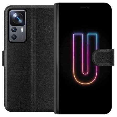 Yhteensopiva Lompakkokotelo Xiaomi Xiaomi 12T Pro Minimaalinen neonkirjain U kirkkaalla valaistustehosteella mustaa taustaa vasten