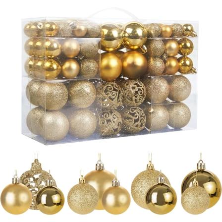 Paket med 100 gyllene julgranskulor för julgran, glittrande, ogenomskinliga, glänsande dekorationer, diameter 3, 4 och 6 cm