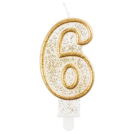 Kultainen glitter kakkukynttilä "0-9" Numero 6