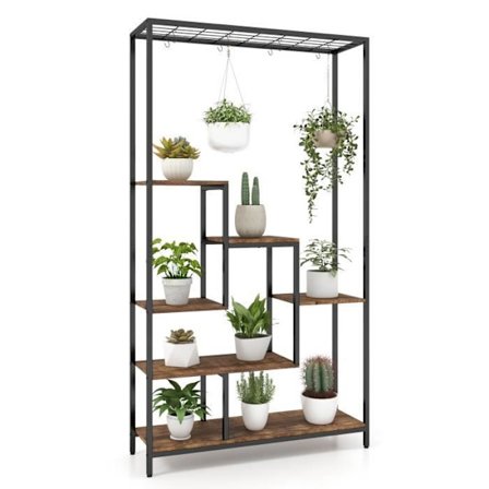 COSTWAY blomsterhylde metal planteholder - 10 kroge, justerbare fødder, anti-vippeanordning - industriel stil