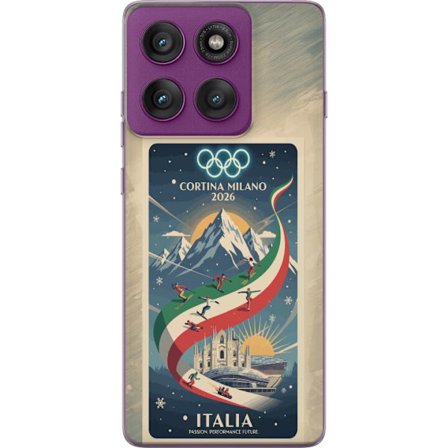 Kompatibelt Mobildeksel til Motorola Edge 60 Pro Skiskytterillustrasjon med skiløper som sikter med gevær på en snødekt løype, teksten Milano Cortina