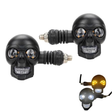 2 stk. Skull Blinklys, Skull Head Motorsykkel LED Blinklys, 12V Universal for Scooter Dirt Bike Retro