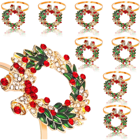 8 stk jule serviettringer sett Xmas Rhinestone serviettholder