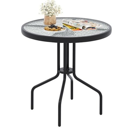 Rund Havebord 70 CM COSTWAY, Bølgeformet Tempereret Glasplade, Parasolhul, Metalramme, til Terrasse, Vinterhave, Gård