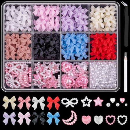 3D Negle Charms og Flade Perler Sæt 1, 8 Farver Negle Roset Charms + Pink & Hvid Stjerne Hjerte Måne Søde Neglesmykker + 2-4mm