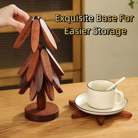 Värmetåligt underlägg i trä, set, julgran, hopfällbart köksunderlägg i trä, 5-delars set med ställ, lämpligt för skålar, grytor, hot pot-ställ