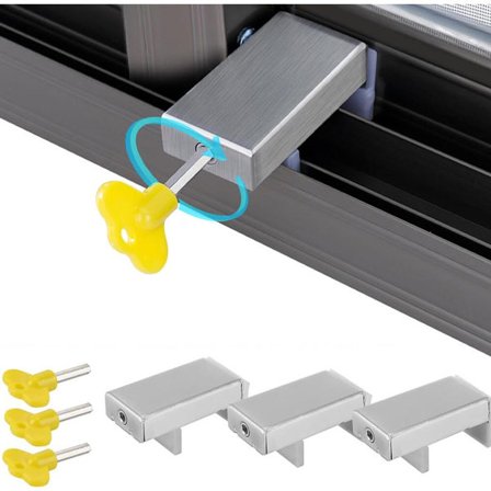 3x Vindueslås - Skydevindueslås med nøgle - Skyddørsblokering - Skyddørslås - Vindueslås - Sikkerhed - Vindue - Børnesikring - Skyde