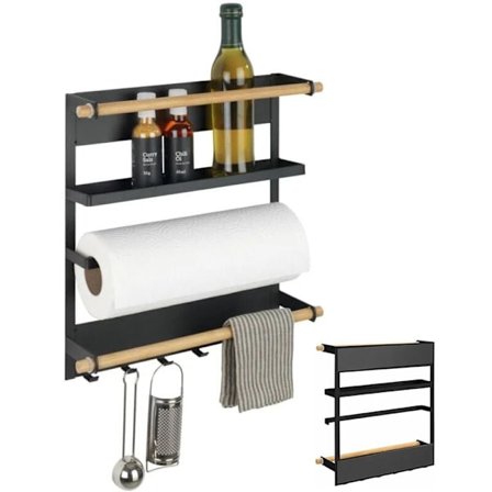 Krydderihylde, magnetisk køleskabshylde, magnetisk papirhåndklædedispenser og køkkenredskabshængende kroge