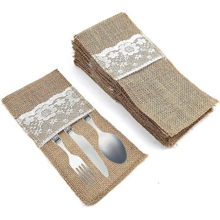 Bestickhållare i jute, 20 st besticksäckar, rustik jute med spets, silverbestickhållare, för bröllop, fest, juldekorationer